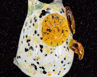 Hollow Owl Bird Art Glass Paperweight Figurine White With Dots Amber Eyes Glass