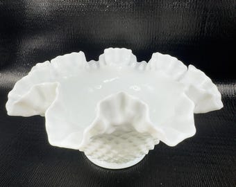Fenton Hobnail White Milk Glass Double Crimped Large Rose Bowl Dish Vintage