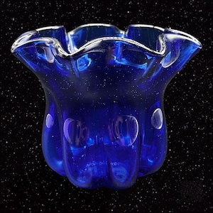 Art Glass Vase Rose Bowl Hand Blown Cobalt Blue Ruffled Top Vintage 6”W 4.5”T