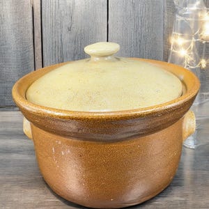 May include: A brown ceramic casserole dish with a lid. The dish has a rounded shape with two small handles on the sides. The lid is a lighter shade of beige and has a small, round knob. The dish is likely used for cooking and serving food.