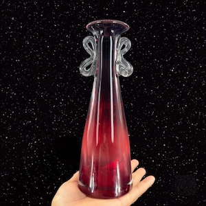 Vintage Art Glass Vase Red Black Gradient Clear Handles Glass Vase 9.5”Tall 2.5”