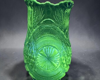 Bryce Higbee co Manganese Glass Vase Scalloped EAPG Glows Green 365nm UV Banquet