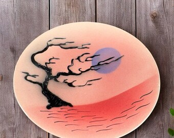 Vintage Mid Century Enameled Metal Footed Dish Plate With Sunset Scene Vintage