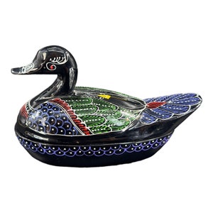 1980s Hand Painted Wooden Duck Lacquered Trinket Box Hand Made In Thailand VTG