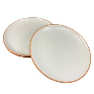 May include: A stack of four off-white ceramic plates with a speckled surface and a brown rim. The plates are oval-shaped and have a slightly raised edge. The plates are stacked on top of each other.