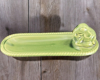 Green Ceramic Elongated Trinket Dish Tray With An Elephant Pottery Tray Dish VTG