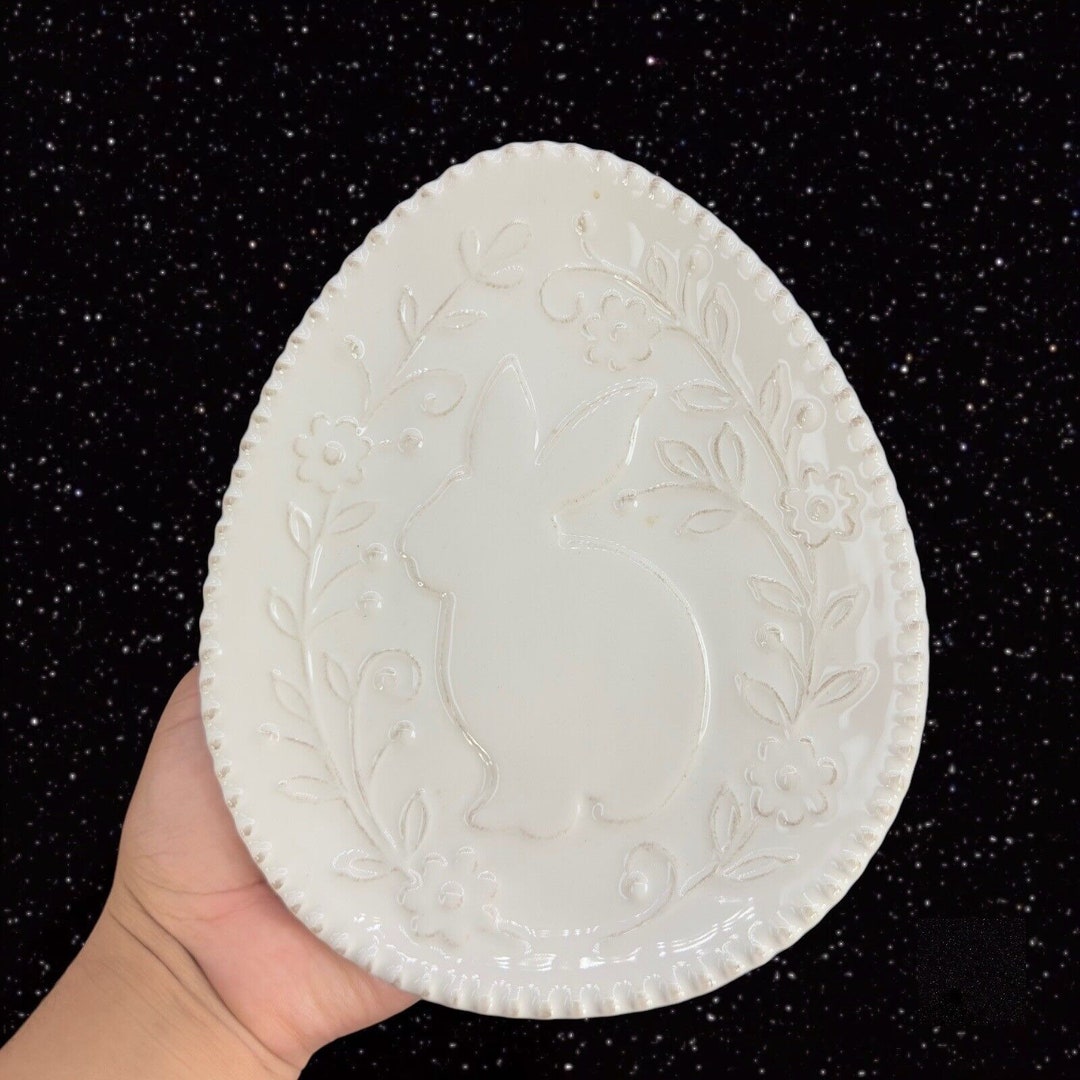 Pier 1 Bunny Rabbit Flower Egg Shaped Plate Embossed off White Trinket ...