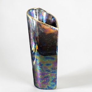 Signed Iridescent Art Pottery Heart Shaped Vase Oil Slick Luster Finish 11inch