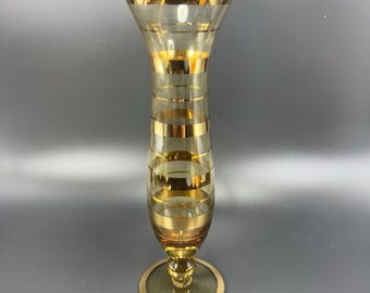Venetian Glass Vase Tall Gold Band Amber Mid Century Italian Glass Vase Vintage
