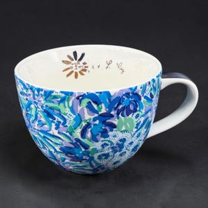 Lilly Pulitzer Blue Floral Ceramic Coffee Mug Cup Oversized Gold Accent Tea Cup image 1