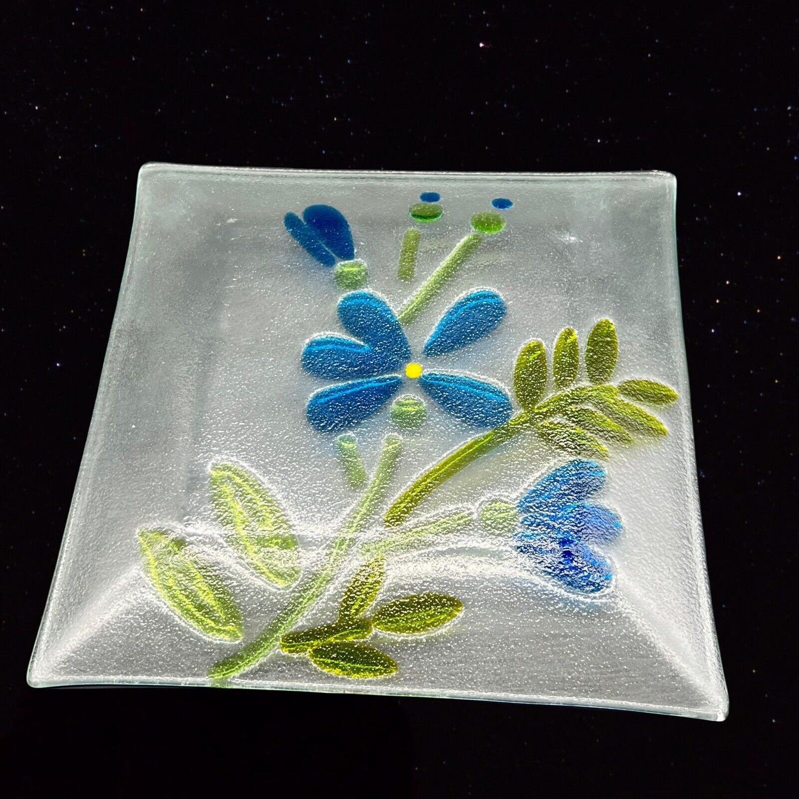 Vintage Fused Art Glass Charger Plate Platter Blue Flower Etsy