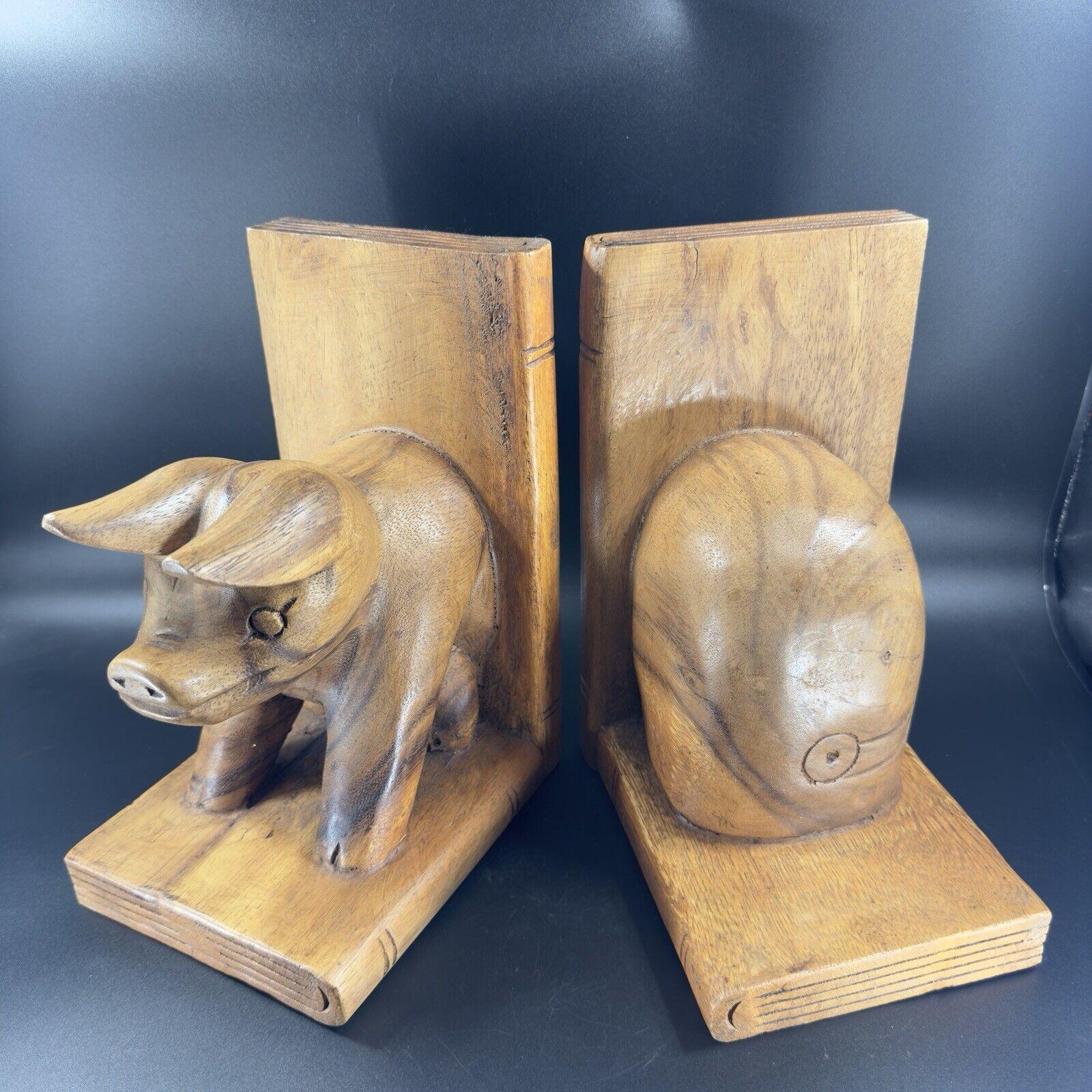 Hand Carved Wood Pig Bookend Set Folk Art Decor Primitive Bookends