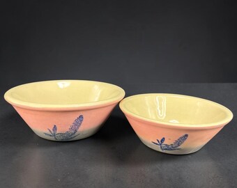 1950s Pink Grey Stoneware Mixing Bowls Blue Floral Lupine Set of 2 Farmhouse