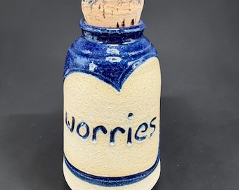 Studio Pottery Worries Jar Blue Glazed Stoneware Cork Top Crock Bottle Container
