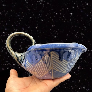 Studio Art Pottery Signed PFP Pottery Bowl with Handle Blue Glaze 8”W 5”T