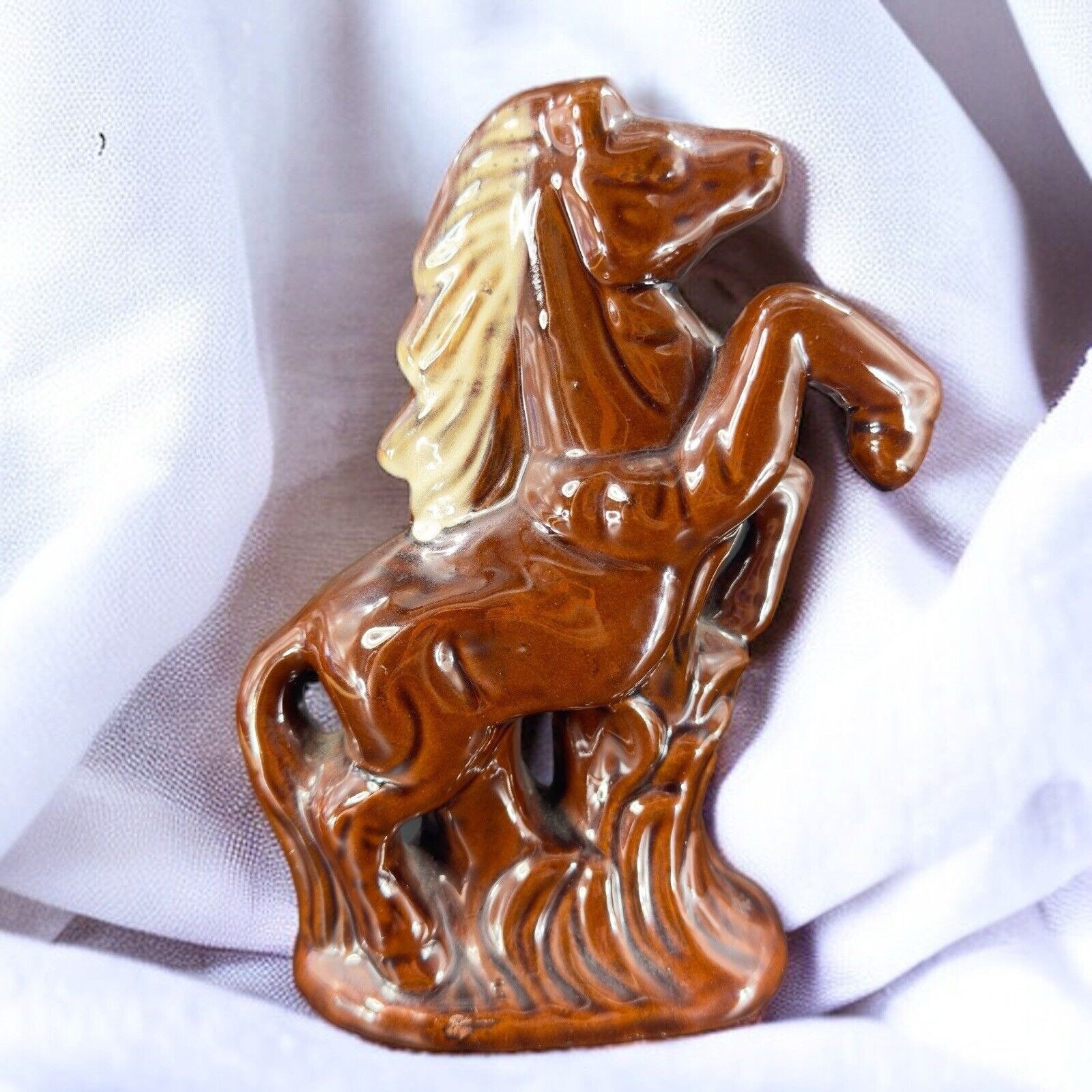 Vintage Redware Ceramic Brown Rearing Stallion Horse Figurine