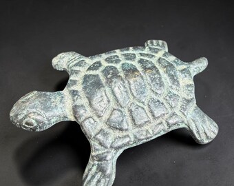 Vintage 1980s Metal Turtle Figurine Miniature Verdigris Patina Bronze Tone VTG
