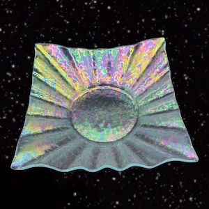 Iridescent Art Glass Ruffled Dish Bowl Glass Signed Aug 1997 Vintage 8.5”W 2”T