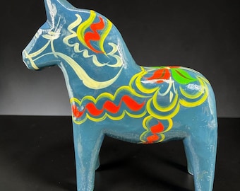 Vintage Akta Dalahemslojd Swedish Dala Horse Blue Hand Painted Wood Folk Art 7"