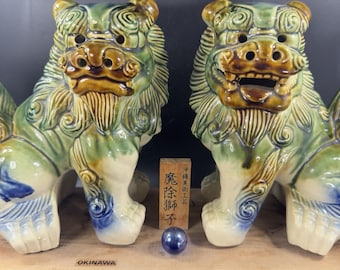 Okinawa Foo Dog Shisa Lion Dog Figurines Pair Japan Ceramic
