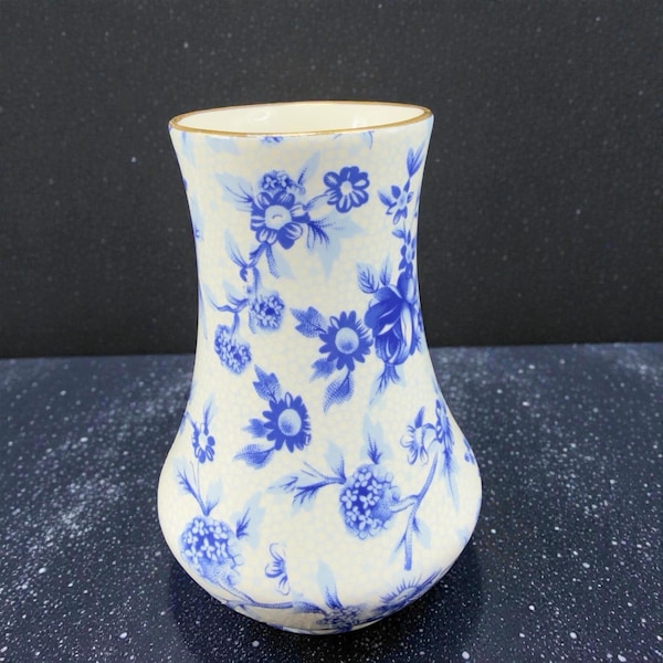 Jarrón de porcelana fina Royal Winton Blue Cottage, 1995, fabricado en Inglaterra.