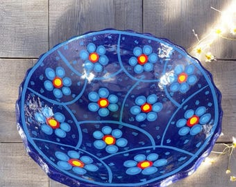 Mexico Folk Art Pottery Dish Bowl Footed Salsa Dish Bowl Cobalt Blue Floral VTG
