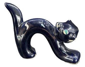 Vintage 1960s Ceramic Porcelain Black Cat Whimsical Figurine Hand Painted VTG