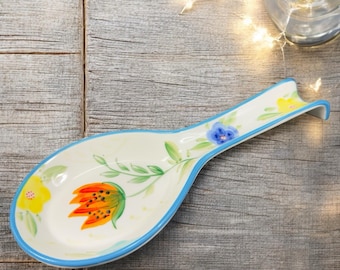 Signature Housewares Ranch Flower Ceramic Spoon Holder Floral Pattern Dish Spoon