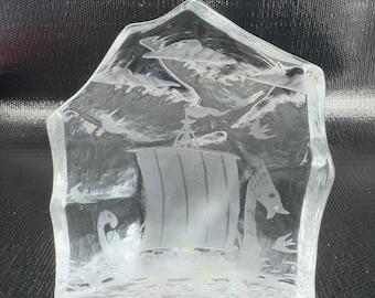 Ice Block Paperweight Thick Heavy Viking Sailing Boat Etched Glass Figure VTG