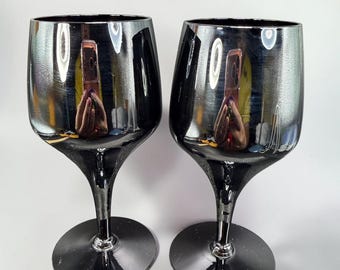 Morgantown Black Glass Wine Goblets Cups Signed Set of 2 Barware Decor Cups 6in