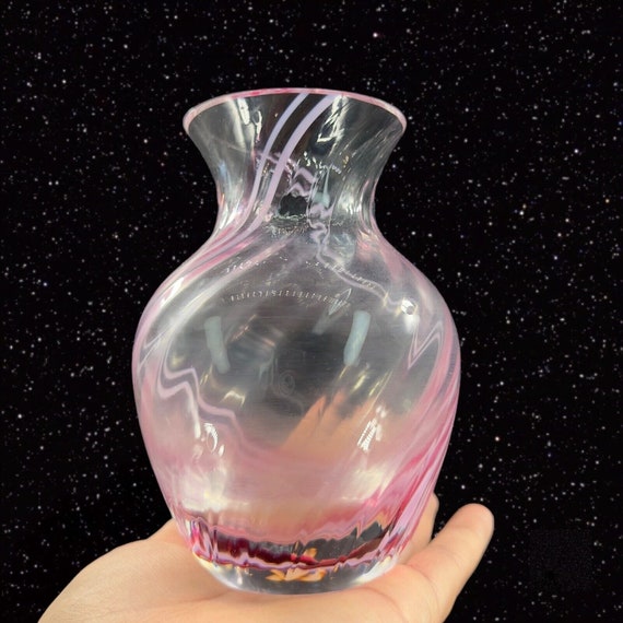Vintage Caithness of Scotland Pink White Swirl Art Glass Vase Hand