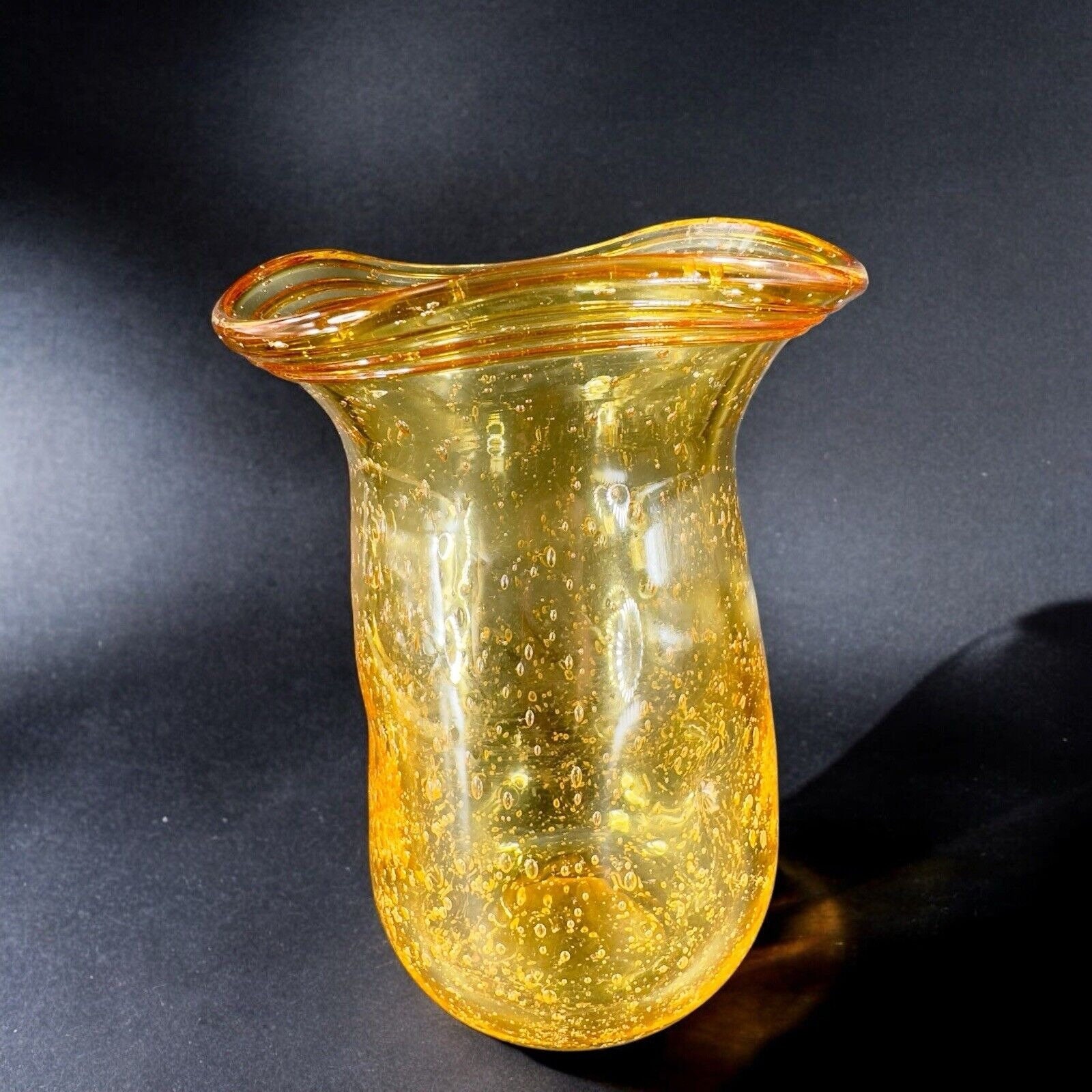 Yellow Amber Art Glass Vase With Small Bubbles Wavy Ruffled Top