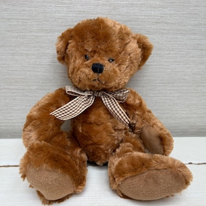 Vintage Russ Berrie Tyler Brown Teddy Bear Plush Soft Toy Collectable  10” Brown and Cream Gingham Bow