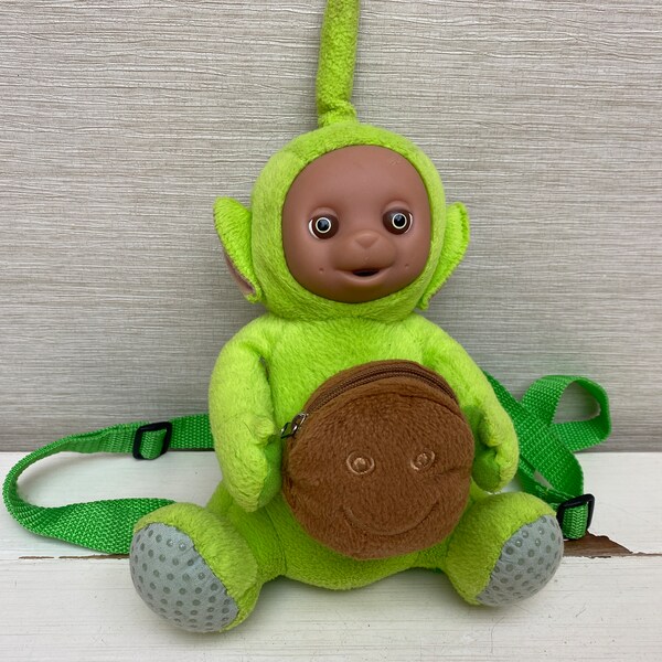 1999 Vintage Teletubbies Green Dipsy with Cookie Plush Backpack Rucksack Pouch Rubber Face