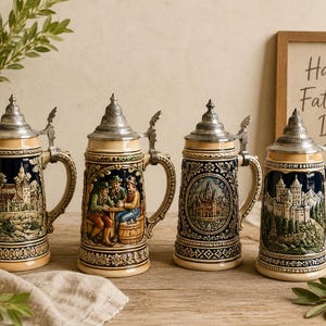May include: Four decorative beer steins with pewter lids. The steins feature detailed relief artwork of castles and figures in various colors. The steins have handles and are displayed on a wooden surface.
