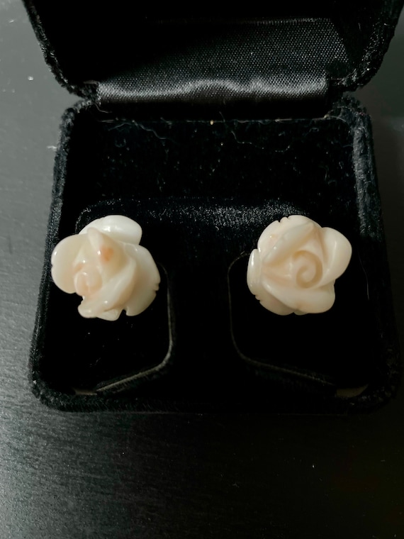 Vintage Carved Coral Rose Earrings 18k - image 1