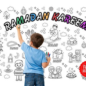 May include: A black and white illustration of Ramadan-themed elements, including a mosque, crescent moons, and stars. A child is coloring the words "RAMADAN KAREEM" with a green marker. The image also includes the words "SALAH", "ZAKAT", and "SUHOOR".