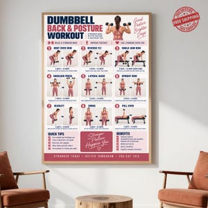 May include: A rectangular wall poster titled Dumbbell Back & Posture Workout featuring nine numbered exercise illustrations with instructions, quick tips, and benefits sections, all displayed in a pink and dark blue color scheme.