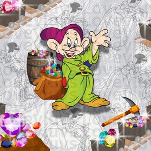 May include: A cartoon illustration of a dwarf in a green outfit with a purple hat, holding a bag of colorful gems. A wooden barrel and mine carts filled with gems are also present, set against a sketched background.