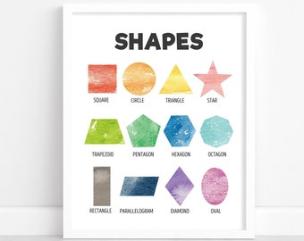 Watercolor Rainbow Shape Chart Geometric Shapes Preschool Poster Home Print School Kids Playroom Decor Nursery Wall art