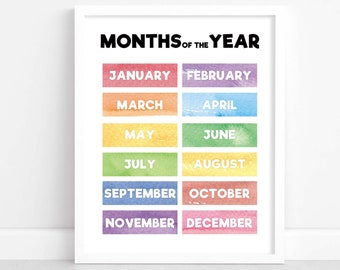 May include: A framed print displaying the months of the year. Each month is written in white text on a colorful watercolor rectangle. The title "MONTHS OF THE YEAR" is at the top in black.