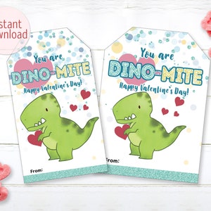 Dino-Mite Valentine Tags Dinosaur Valentine Cards for Kids Dinomite Favors Boy Valentine's Day Classroom Teacher Printable Instant Download