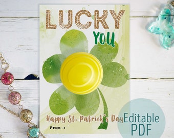 Editable St. Patrick’s Day EOS Lip Balm Holder Lucky Shamrock Watercolor Clover Saint Patrick’s Day Favor Card Printable DIY