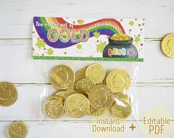 St. Patrick's Day Editable Treat Bag Toppers Pot of Gold At The End Of The Rainbow Printable Classroom Favor Bag Goody Bag Instant Download