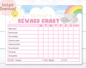 May include: A printable reward chart with a watercolor design. The chart features a smiling sun, a rainbow, and a cloud. The text includes "Olivia's Reward Chart", and a list of tasks such as "Make my bed" and "Eat vegetables".