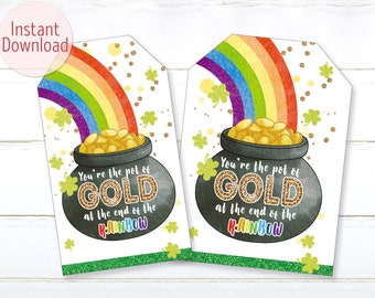 Printable St. Patrick's Day Pot Of Gold At The End Of The Rainbow Gift Tags Teacher Appreciation Favor Tags Digital Download