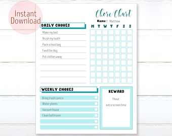 Printable Daily Chore Chart For Kids Weekly Chore Chart  Screen Time Reward family Chart Daily Checklist Planner Homeschool INSTANT DOWNLOAD