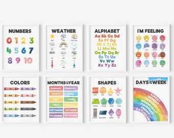 May include: Eight framed educational posters with white borders. Topics include numbers, weather, the alphabet, feelings, colors, months of the year, shapes, and days of the week. Each poster features colorful illustrations and text.