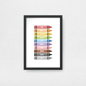 May include: A framed print featuring a collection of colorful crayons, each labeled with its corresponding color name. The crayons are arranged vertically, showcasing a spectrum of hues including red, orange, yellow, green, blue, purple, pink, brown, black, and grey.