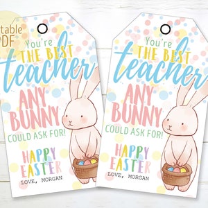 Printable Bunny Teacher Tags Easter EDITABLE PDF You're The Best Teacher Personalized Favor School Tag Instant Download